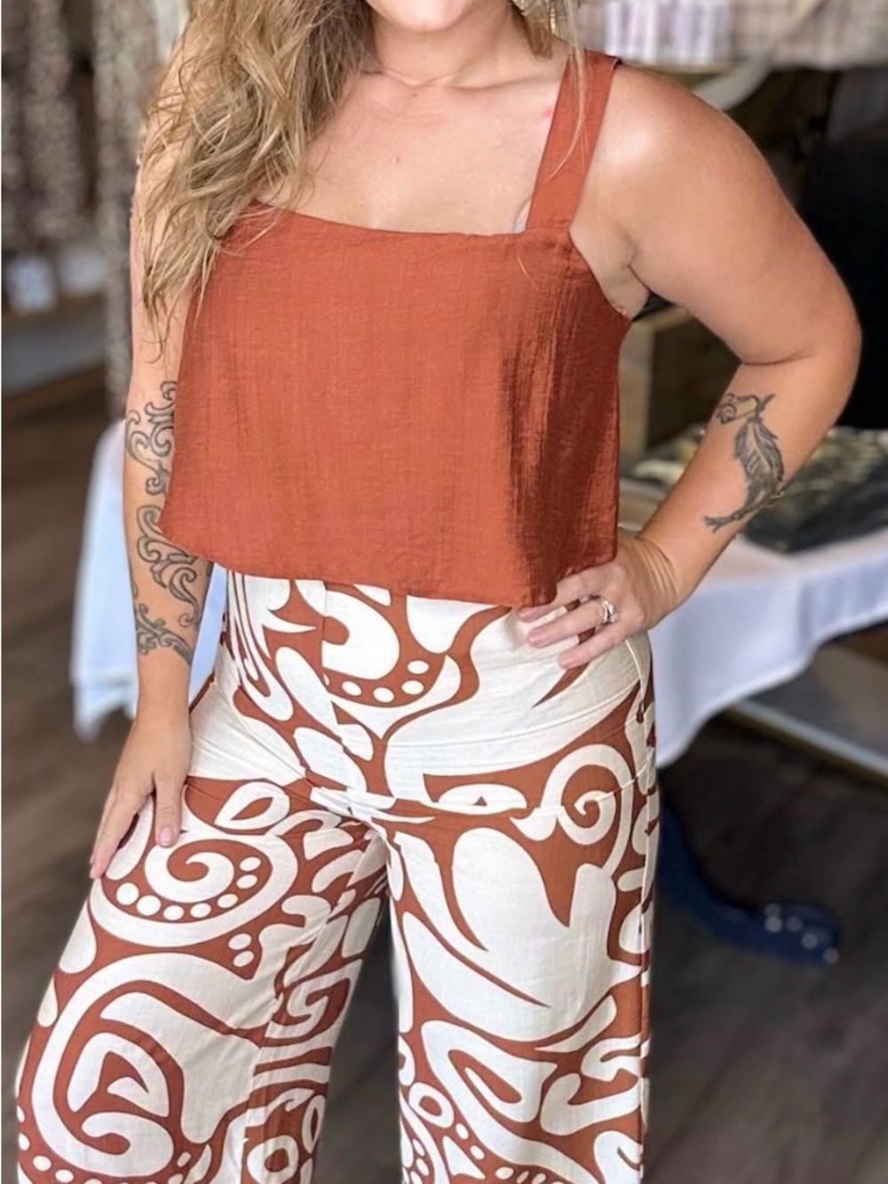 HYFVE Rust Tank Top with Cream & Rust Wide-Leg Printed Pants
